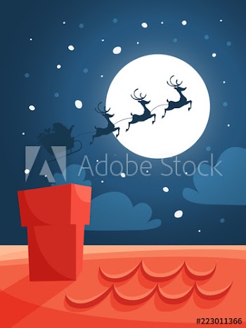 Santa flying in sleigh with bag full of gifts