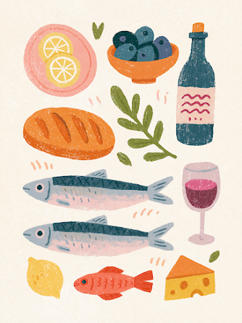 Sardines and Red Wine Still Life Illustration