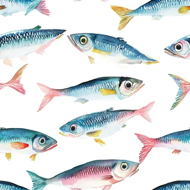 Sardines on White Surface - Bold Pastel Watercolor Kitchen Decor Sardines on White Surface - Bold Pastel Watercolor Kitchen Decor