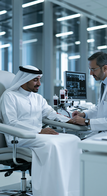 Saudi Male Donating Blood in Corporate Hospital Setting