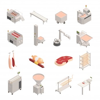 Sausage factory isometric icons Free Vector