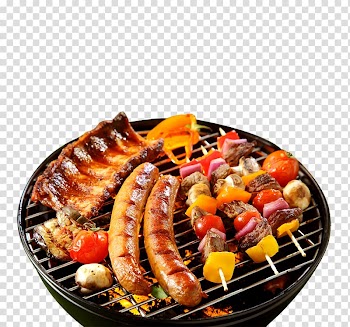 Sausage on grill, Sausage Barbecue chicken Steak Ribs, Cool black barbecue poster background transparent background PNG clipart