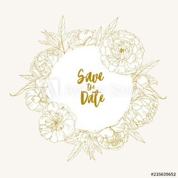 Save the date card template decorated with circular frame, border or wreath made of blooming garden flowers and leaves hand drawn with contour lines