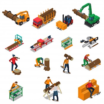Sawmill timber mill lumberjack icon set Free Vector