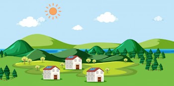 Scene with houses and solar cell on the roof Free Vector