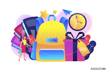 School backpack, books, shopper with shopping bag and present box with percent tag