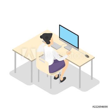 School girl working on the computer isometric