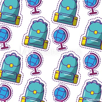 school globe and backpack equipment seamless pattern