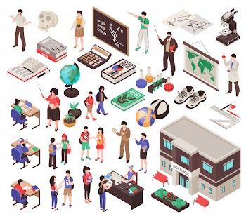 School set with teachers lesson equipment and education symbols isolated isometric Free Vector