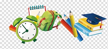 School supplies illustration, Drawing Cartoon, Hand-painted school season cartoon pencil bag book calendar clock transparent background PNG clipart