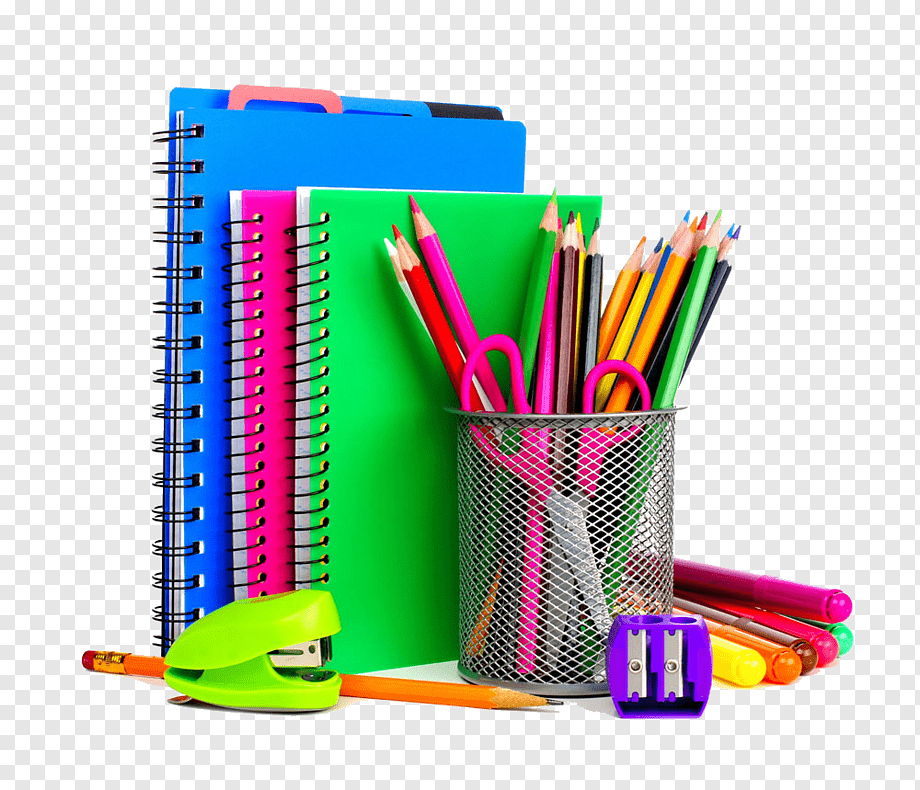 School supplies Stationery Notebook Resource room, Colored school supplies, three notebooks, assorted-color pencils and pen illustration, color Splash, pencil, color Pencil png