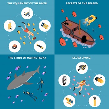 Scuba diving equipment study of marine fauna secrets of sea bed isometric design concept isolated vector illustration Free Vector