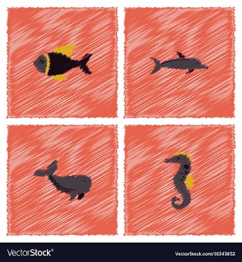 Sea animals stock collection in hatching style vector image
