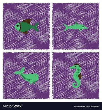 Sea animals stock collection in hatching style vector image