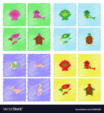 Sea animals stock collection in hatching style vector image