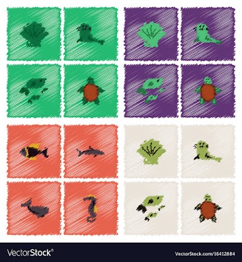 Sea animals stock collection in hatching style vector image