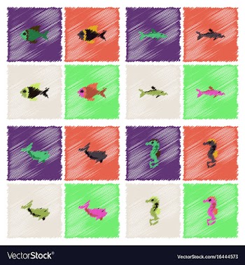 Sea animals stock collection in hatching style vector image