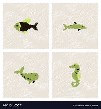 Sea animals stock collection in hatching style vector image
