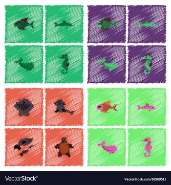 Sea animals stock collection in hatching style vector image