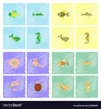 Sea animals stock collection in hatching style vector image