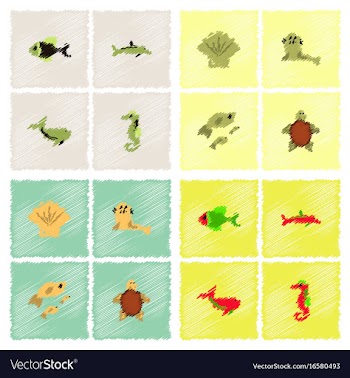 Sea animals stock collection in hatching style vector image