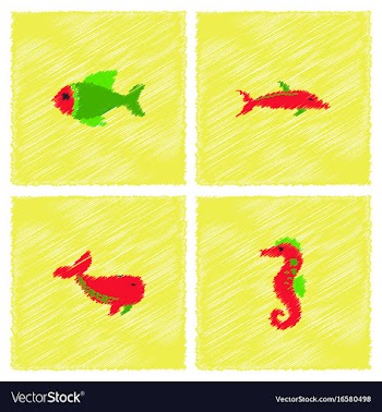 Sea animals stock collection in hatching style vector image