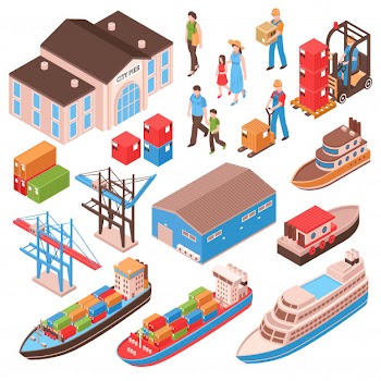 Sea port isometric set with city persons, pier building, cargo ships, harbor facilities Free Vector