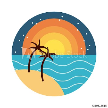 sea scape scene with palms flat style icon