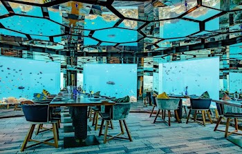 'Sea' underwater restaurant at the Anantara Kihavah Maldives Villas resort