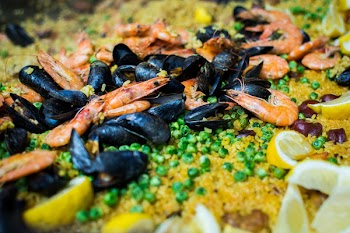Seafood paella close up 