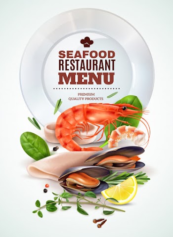 Seafood restaurant menu realistic poster with shrimp squid mussels fresh herbs spices marine cocktail ingredients Free Vector