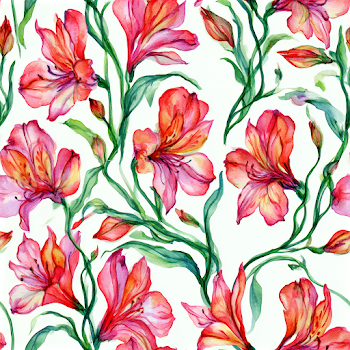 Seamless Botanical Pattern of Pink and Coral Alstroemeria Lilies