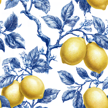 Seamless Botanical Pattern with Ripe Lemons and Indigo Leaves