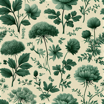 Seamless Botanical Toile Pattern with Garden Herbs and Wildflowers