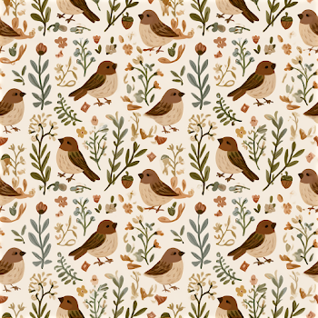 Seamless Folk Art Pattern with Brown Sparrows and Wildflowers