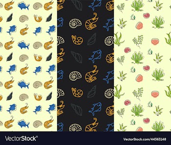 seamless pattern collection with shells and fish