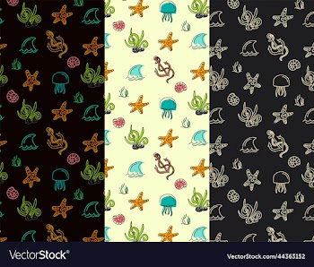seamless pattern collection with shells and fish