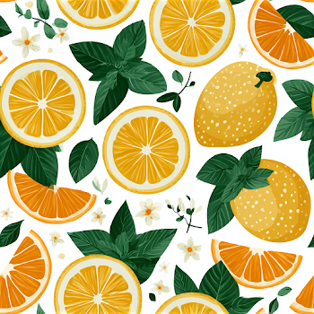 Seamless Pattern of Citrus Fruits and Mint Leaves