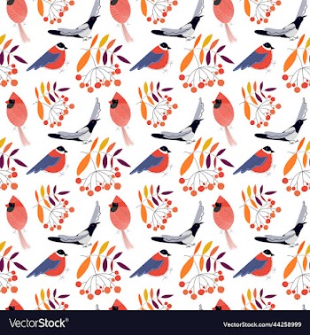 seamless pattern of forest birds and mountain ash