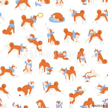 Seamless pattern with adorable Akita Inu performing daily activities