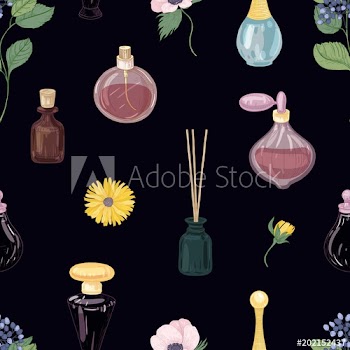 Seamless pattern with aromatic perfumes in glass decorative bottles or flasks, elegant blooming flowers on black background
