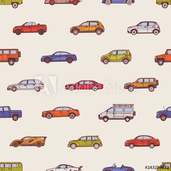 Seamless pattern with automobiles of various types - cabriolet, sedan, pickup, hatchback, SUV, minivan
