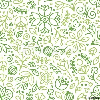 Seamless pattern with blooming plants drawn with green contour lines on white background