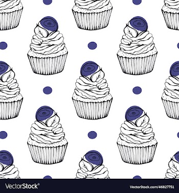 seamless pattern with blueberry dessert cupcake
