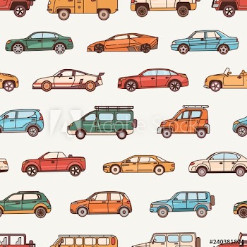 Seamless pattern with cars of various body configuration styles - cabriolet, sedan, pickup, hatchback