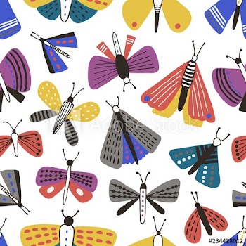 Seamless pattern with cartoon moths on white background