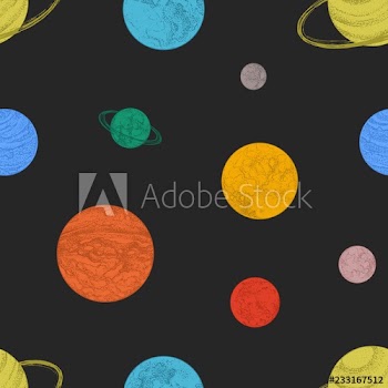 Seamless pattern with colorful planets and other space objects on black background