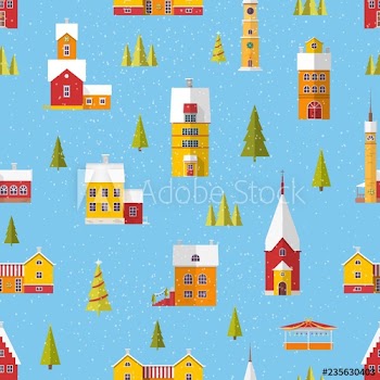 Seamless pattern with cute buildings and trees decorated for Christmas or New Year celebration in snowfall