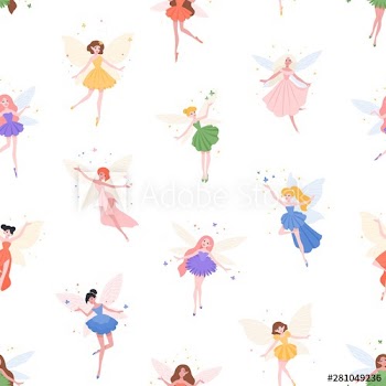 Seamless pattern with cute fairies on white background