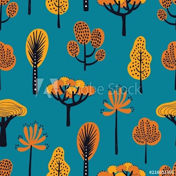 Seamless pattern with different hand drawn autumn trees on blue background